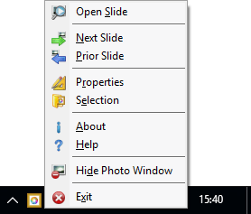 The Photo Window menu from the System Notification Area